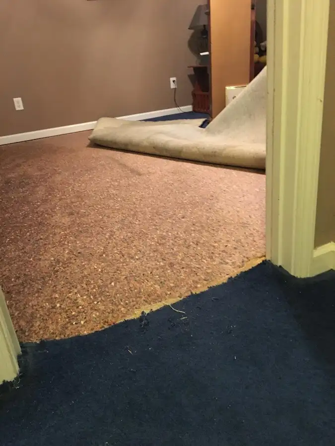 Carpet pad removal revealing water damage during Water Mitigation Services in Sandy Springs